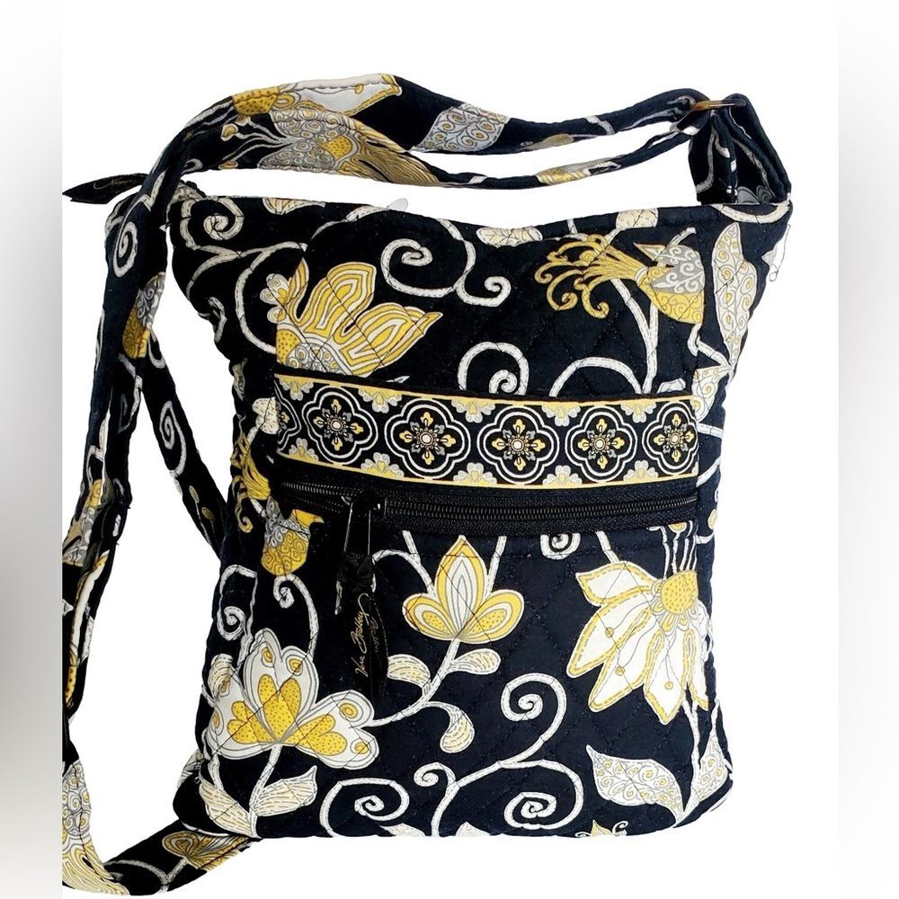 Vera Bradley Yellow Bird Crossbody Bag Black Medium Quilted Cotton Travel Purse